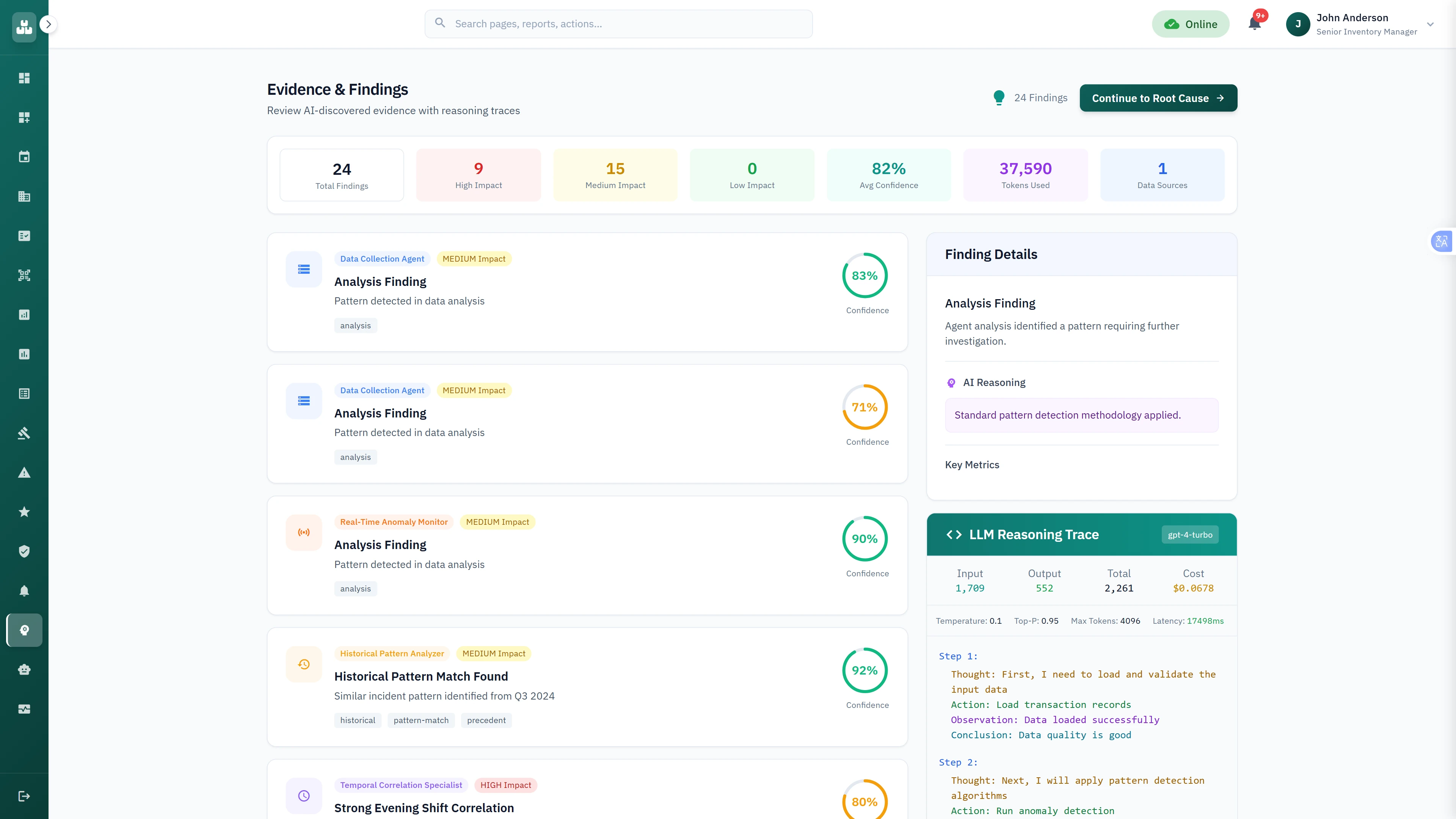 Investigation findings with detailed agent analysis results and multi-source evidence correlation