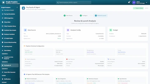 Review & Launch Analysis - Data source configuration, analysis settings, budget parameters, and pipeline technical configuration with AI agents overview